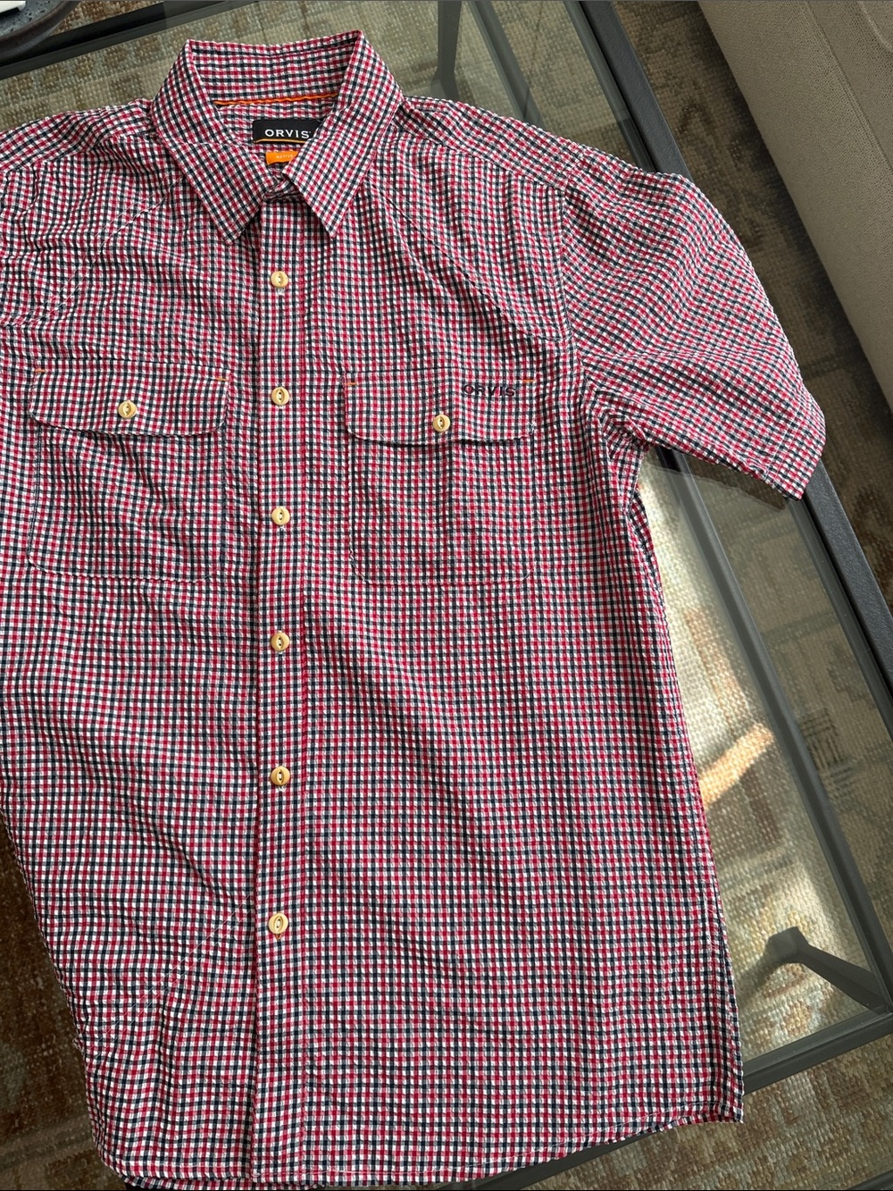 Orvis Men’s Red and Blue Performance Seersucker Button-Down Shirt